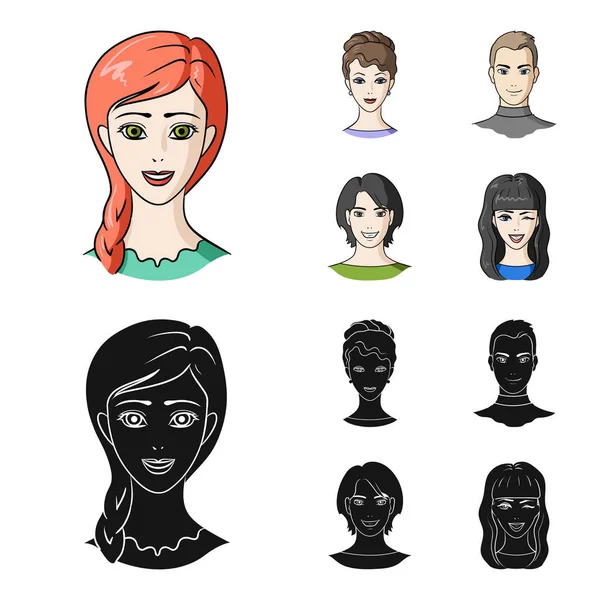 Verschiedene Aussehen der jungen people.avatar und Gesicht Set Sammlung Symbole in Cartoon, schwarzer Stil Vektor Symbol Stock Illustration Web. — Stockvektor