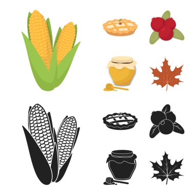 Kızılcık, kabak pasta, bal çömleği, akçaağaç yaprağı. Kanada Şükran günü toplama simgeler çizgi film, siyah stil vektör simge stok çizim web ayarla..