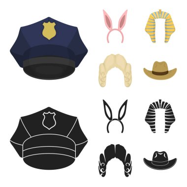Tavşan kulağı, Yargıç peruk, kovboy. Şapka toplama simgeler çizgi film, siyah stil vektör simge stok çizim web ayarla..