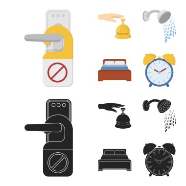 Resepsiyon, çalar saat, yatak, duş, arayın. Otel çizgi film, siyah stil vektör simge stok çizim web simgeler ayarla.