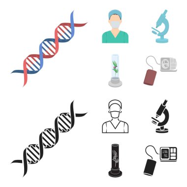 Tüp bebek bitki, Hemşire, mikroskop, tonometer. İlaç toplama simgeler çizgi film, siyah stil vektör simge stok çizim web ayarla..