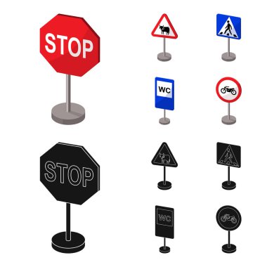 Yol farklı türde imzalar set koleksiyonu tasarım için çizgi film, siyah simgeler. Uyarı ve yasağı işaretler sembol stok web illüstrasyon vektör.