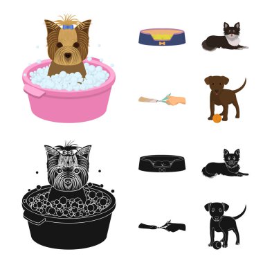 Tembel bir evcil hayvan, pençeleri Veteriner Kliniği, kırpma, köpek yalan, bir top ile köpek yavrusu için. Köpek bakım toplama simgeler Veteriner Kliniği ve evde beslenen hayvan, çizgi film, siyah stil vektör simge stok çizim web içinde ayarla.