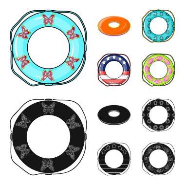 Çok renkli Yüzme set koleksiyonu tasarım için çizgi film, siyah simgeler daire içine alın. Farklı lifebuoys sembol stok web illüstrasyon vektör.
