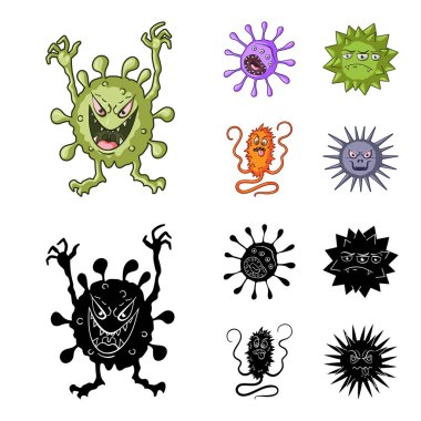 Mikrop ve virüs farklı türleri. Virüs ve bakteriler çizgi film, siyah stil vektör simge stok çizim web simgeler ayarla.