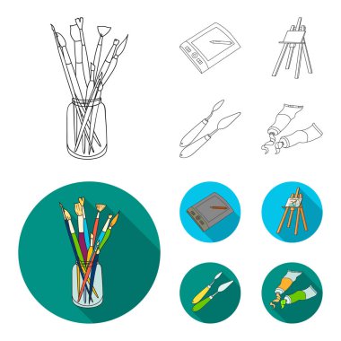 Fırçalar, bir çizim kurulu, bir tuval, boya bıçak ile bir şövale bankayla. Sanatçı ve çizim set simgeler anahat, düz stil vektör simge stok çizim web.