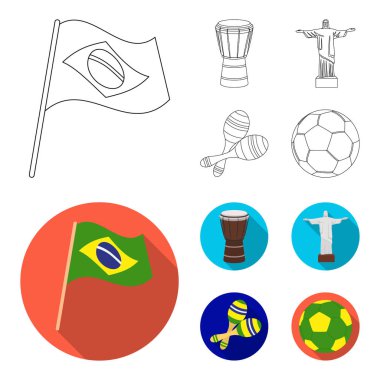 Brezilya, ülke, bayrağını, drum. Brezilya ülke toplama simgeler anahat, düz stil vektör simge stok çizim web ayarla..