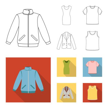 A mans ceket, bir tunik, bir tişört, bir takım elbise. Giysi toplama simgeler anahat, düz stil vektör simge stok çizim web ayarla..