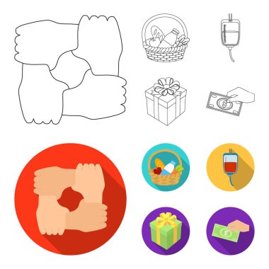 Destek elinde, bir sepet gıda bağış, donör kan, bir hediye bağış kutusu ile jesti. Yardım ve bağış toplama simgeler anahat, düz stil vektör simge stok çizim web ayarla.