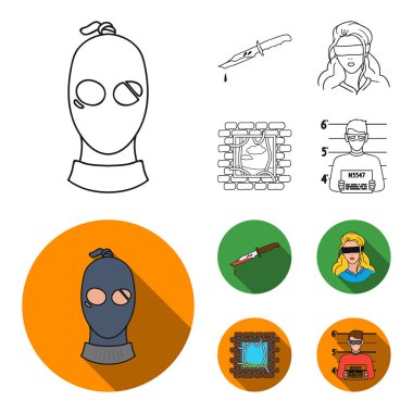 Bir hırsız bir maske, kanlı bir bıçak, bir rehine, hapishaneden kaçış. Suç toplama simgeler anahat, düz stil vektör simge stok çizim web ayarla..