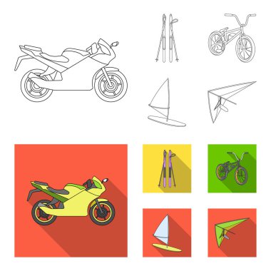 Motosiklet, Bisiklet, bir yelken ile sörf kayak dağ. Aşırı spor toplama simgeler anahat, düz stil vektör simge stok çizim web ayarla..