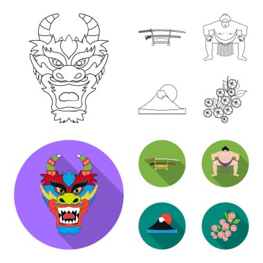 Dragon maskesi, katano, bir adam bir sumo, fujiama dağ ismi. Japonya toplama simgeler anahat, düz stil vektör simge stok çizim web ayarla..