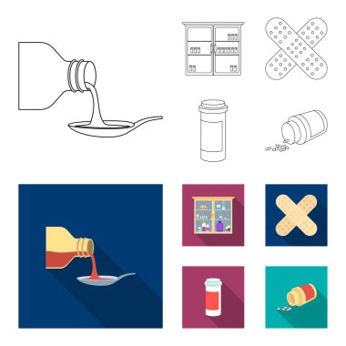 Bir kaşık, alçı, tatlım, tıp kabine şurubu. İlaç toplama simgeler anahat, düz stil vektör simge stok çizim web ayarla..