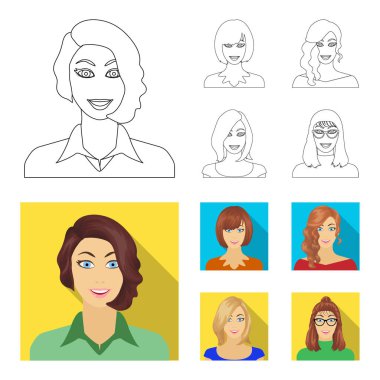 Bir kadın bir saç modeli, bir kızın yüzü ile görünümünü. Yüz ve görünümü anahat, düz stil vektör simge stok çizim web simgeler ayarla.