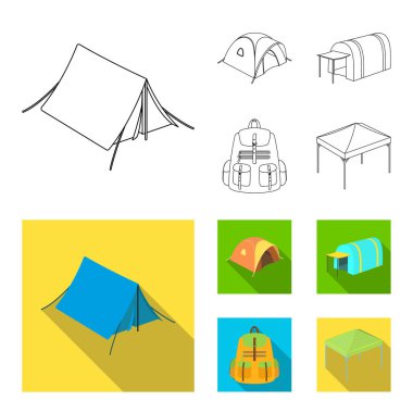 Sırt çantası ve diğer tür çadır. Çadır toplama simgeler anahat, düz stil vektör simge stok çizim web ayarla..
