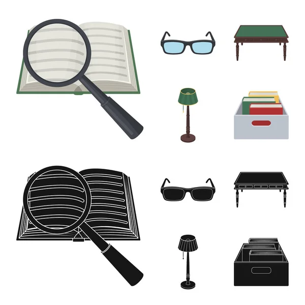 眼镜, 一张木桌, 一盏落地灯, 一盒书。图书馆和书店集合图标在卡通, 黑色风格矢量符号股票插画网站. — 图库矢量图片