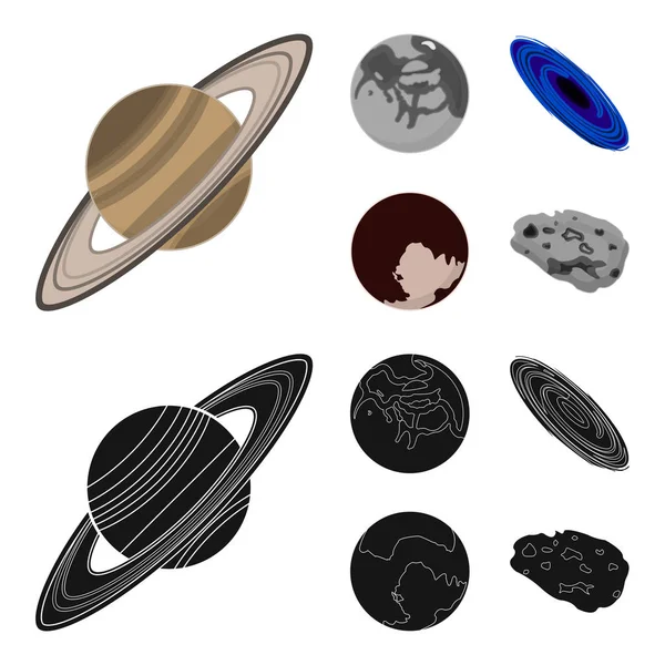 Mercúrio, Plutão do Planeta do Sistema Solar. Um buraco negro e um meteorito. Planetas conjunto coleção ícones em desenhos animados, estilo preto símbolo vetorial ilustração web . — Vetor de Stock