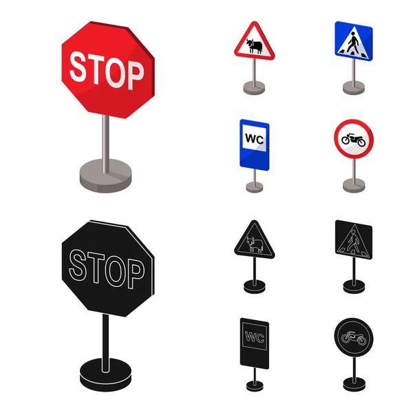 Diferentes tipos de sinais de estrada desenhos animados, ícones pretos na coleção de conjuntos para design. Sinais de advertência e proibição Símbolos vetoriais ilustração web . —  Vetores de Stock