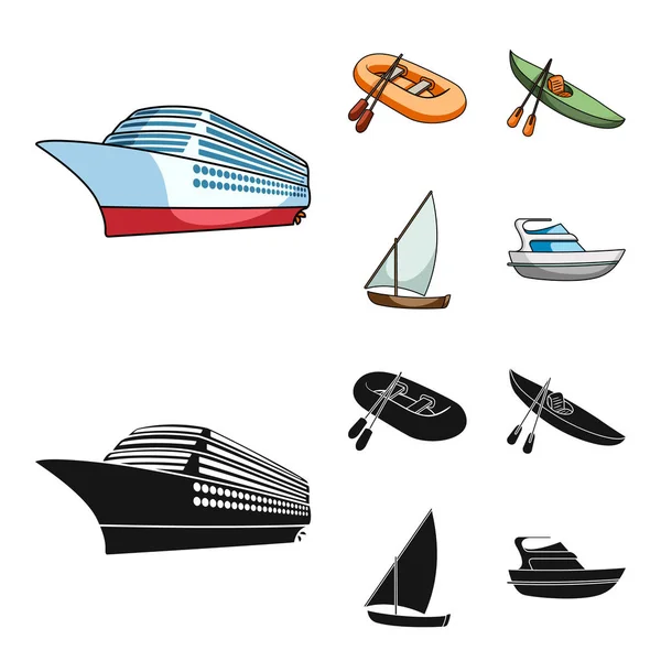 Un barco de pesca de goma, un kayak con remos, una goleta de pesca, un yate de motor.Los buques y el transporte acuático establecen iconos de colección en dibujos animados, vector de estilo negro símbolo stock illustration web . — Archivo Imágenes Vectoriales