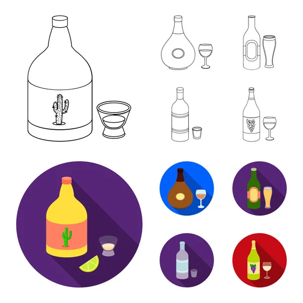 Tequila, koniak, piwo, wódka. Alkohol zestaw kolekcji ikon w konspekcie, www ilustracji symbol wektor płaski. — Wektor stockowy