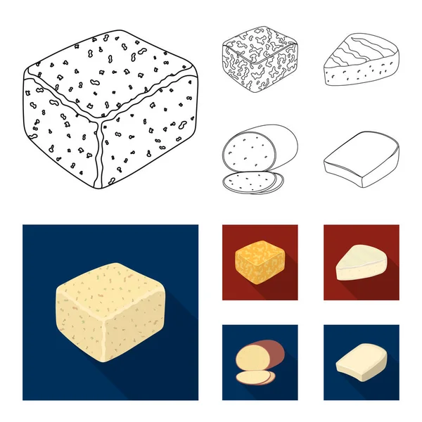Τυρί φέτα, καπνιστό, colby jack, υποδοχή πιπέρι. Διάφορα είδη τυριών που συλλογή εικονιδίων στο περίγραμμα, επίπεδη στυλ διάνυσμα σύμβολο μετοχής εικονογράφηση web. — Διανυσματικό Αρχείο