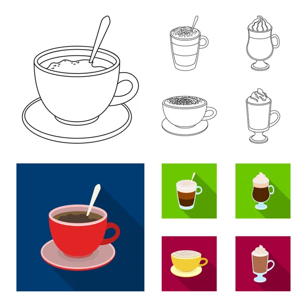 Amerykańska, późno, irlandzki, cappuccino. Różne rodzaje kawy zestaw kolekcji ikon w konspekcie, www ilustracji symbol wektor płaski. — Wektor stockowy