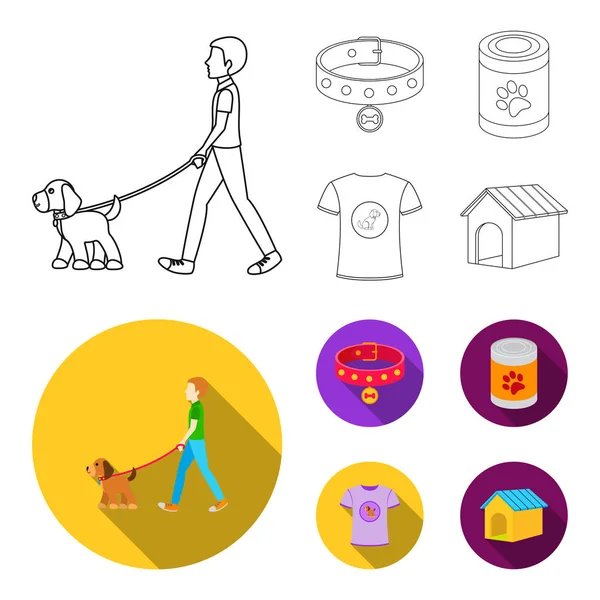 Un hombre pasea con un perro, un collar con una medalla, comida, una camiseta Me encanta el perro.Iconos de colección conjunto de perro en el contorno, el estilo plano símbolo vectorial stock ilustración web . — Vector de stock