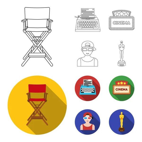 导演, 打字机, 电影招牌, 电影人的椅子。电影和电影院集合图标的轮廓, 平面风格矢量符号股票插画网站. — 图库矢量图片
