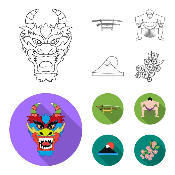 Máscara de dragón, katano, un hombre es un jugador de sumo, una montaña de fujiama.Japón conjunto de iconos de la colección en el contorno, el estilo plano vector símbolo stock ilustración web . — Vector de stock