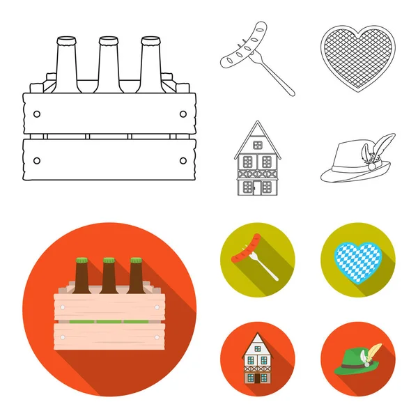 Caja con cerveza, salchicha frita, corazón del festival, casa de campo bavariana. Oktoberfest set collection icons in outline, flat style vector symbol stock illustration web . — Vector de stock