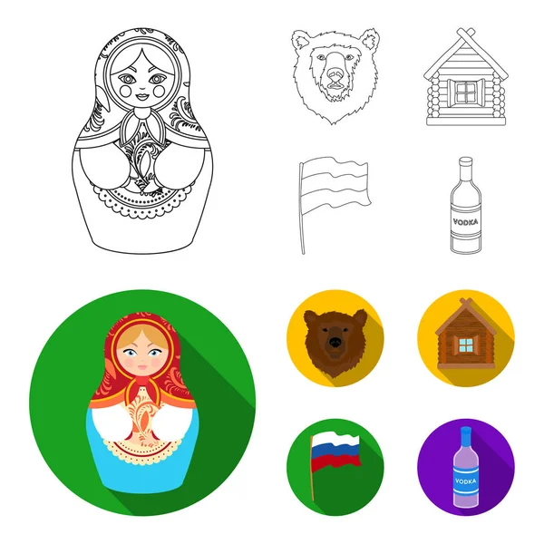 Rusia, país, nación, matryoshka .Russia país conjunto de iconos de la colección en el contorno, plano estilo vector símbolo stock ilustración web . — Archivo Imágenes Vectoriales