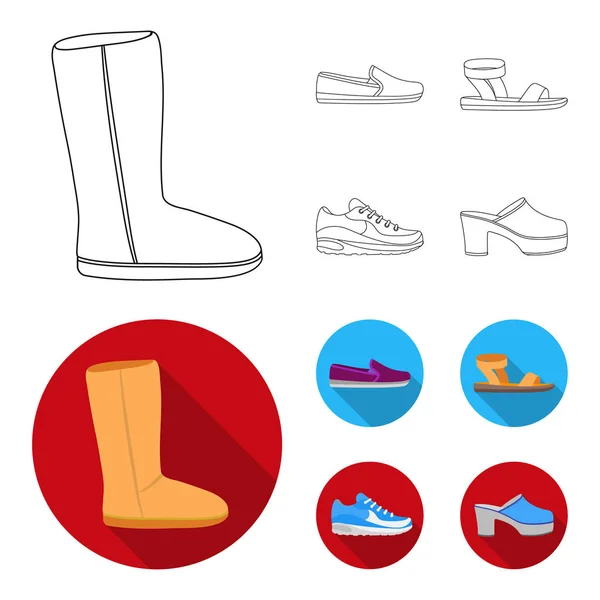 Botas ugg beige con piel, mocasines marrones con suela blanca, sandalias con cierre, zapatillas blancas y azules. Zapatos conjunto de iconos de colección en el contorno, plano estilo vector símbolo stock ilustración web . — Vector de stock