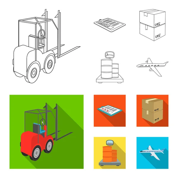 Gabelstapler, Lieferscheine, verpackte Waren, Fracht auf Waagen. Logistik und Lieferung Set Sammlung Symbole in Umriss, flachen Stil isometrischen Vektor Symbol Stock Illustration Web. — Stockvektor