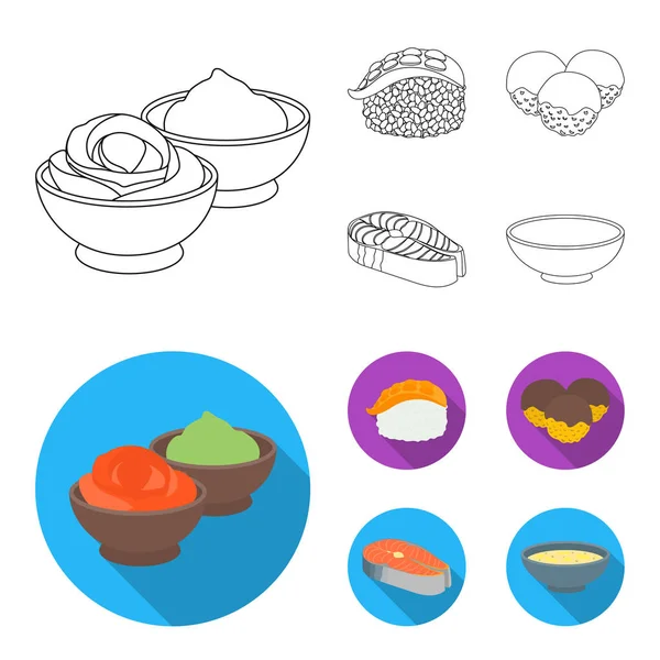 Molho Wasabi e gengibre, bife de salmão, polvo. Sushi conjunto coleção ícones em esboço, estilo plano símbolo vetorial ilustração web . — Vetor de Stock