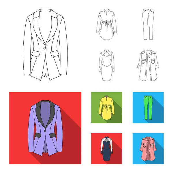 Vrouwen kleding overzicht, vlakke pictogrammen in set collectie voor design. Variëteiten van de kleding en accessoires symbool voorraad web vectorillustratie. — Stockvector