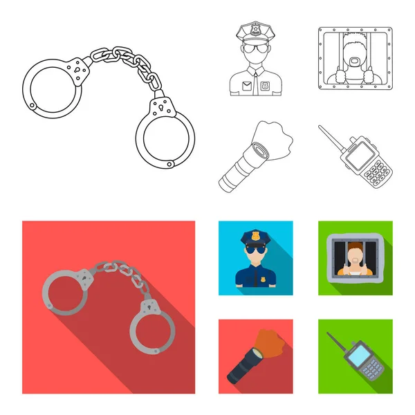 Handboeien, politieagent, gevangene, zaklamp. Politie instellen collectie iconen in overzicht, vlakke stijl vector symbool stock illustratie web. Stockillustratie