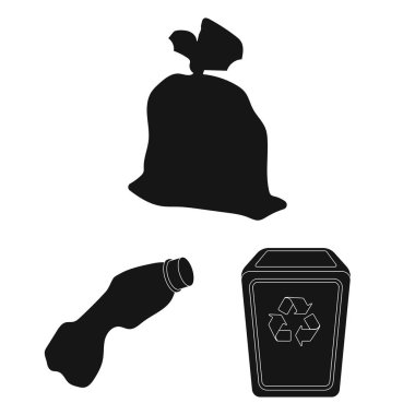 Çöp ve atık set koleksiyonu tasarım için simgeler siyah. Temizlik çöp vektör simge stok web çizimi.