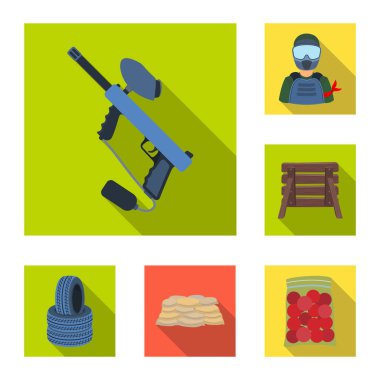 Paintball takım set koleksiyonu tasarım için oyun düz simgeler. Ekipman ve kıyafet sembol stok web illüstrasyon vektör.