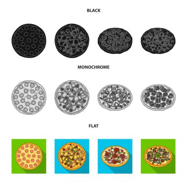 Et, peynir ve diğer dolgu pizza. Farklı pizza toplama simgeler siyah, düz, tek renkli stil vektör simge stok çizim web içinde ayarla..