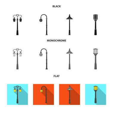 Retro tarzı, modern fener, meşale ve diğer tip-in sokak sokak lâmbası direği. Elektrik direği toplama simgeler siyah, düz, tek renkli stil vektör simge stok çizim web içinde ayarla..