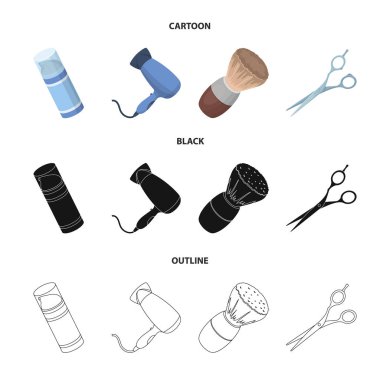 Fırça, makas, Elektrikli saç kurutma makinesi ve ekipman erkek kuaför salonu için diğer. Berber dükkanı toplama simgeler çizgi film, siyah, anahat stili vektör simge stok çizim web içinde ayarla..
