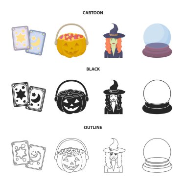 Tarot kartları, tatil Cadılar Bayramı, sihirbaz şapkalı, kristal top. Siyah ve beyaz büyü toplama simgeler çizgi film, siyah, anahat stili vektör simge stok çizim web içinde ayarla..