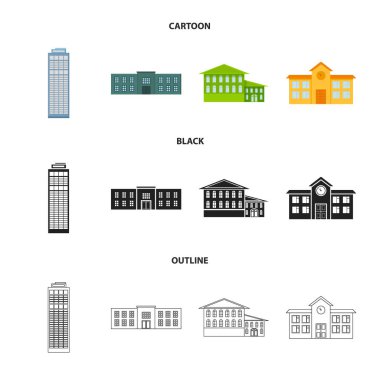 Gökdelen, polis, otel, okul. Binada toplama simgeler çizgi film, siyah, anahat stili vektör simge stok çizim web içinde.