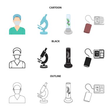 Tüp bebek bitki, Hemşire, mikroskop, tonometer. İlaç toplama simgeler çizgi film, siyah, anahat stili vektör simge stok çizim web içinde ayarla..