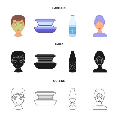 Yüz maskesi, Solaryum, şişe ts lasenom, yüzünde sivilce. Çizgi film, siyah, anahat stili vektör simge stok çizim web cilt bakım küme koleksiyon simgeler.