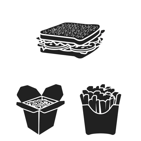 Fastfood zwarte pictogrammen in set collectie voor design. Voedsel van halffabrikaten symbool voorraad web illustratie vector. — Stockvector