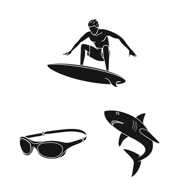 Surfen en extreme zwarte pictogrammen in set collectie voor design. Surfer en accessoires vector symbool voorraad web illustratie. — Stockvector