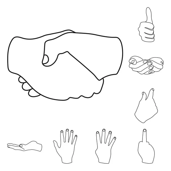 Icone con contorno gesto a mano nella collezione set per il design. Palma e dito vettoriale simbolo stock web illustrazione . — Vettoriale Stock
