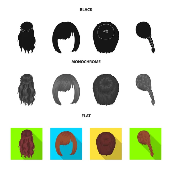 Kara, trança vermelha e outros tipos de penteados. Voltar penteado conjunto coleção ícones em preto, plano, estilo monocromático símbolo vetorial estoque ilustração web . — Vetor de Stock