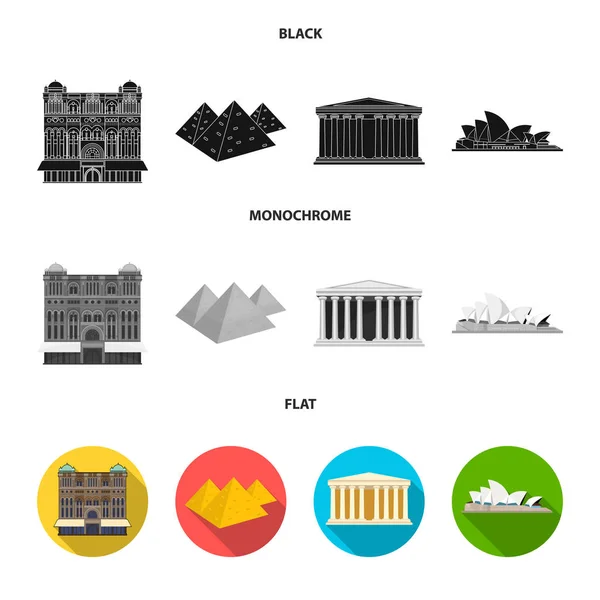 Visões de diferentes países ícones pretos, planos e monocromáticos na coleção de conjuntos para design. Famosa construção vetor símbolo web ilustração . — Vetor de Stock
